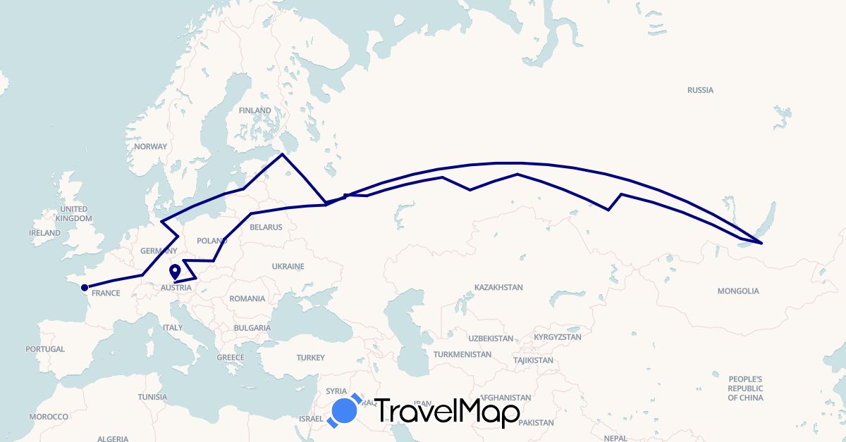 TravelMap itinerary: driving in Austria, Czech Republic, Germany, France, Lithuania, Latvia, Poland, Russia (Europe)